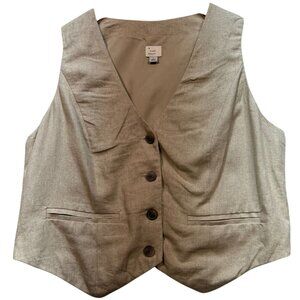 A New Day Women's Linen Blend Button Front Vest Sleeveless Size L Tan Pockets